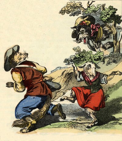 Illustrazione del racconto "Bon Médor e il piccolo capretto". In "Racconti dalla casa per i piccoli". Incisione anonima del XIX secolo da Unknown artist