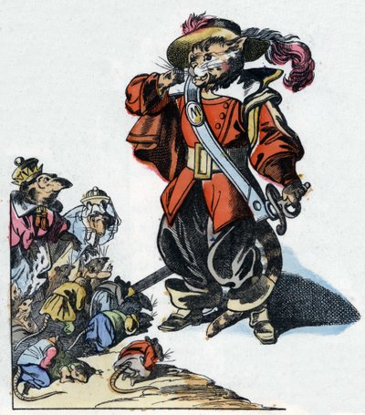 Illustrazione della fiaba "Il terribile Raminagrobis e i topi" di Jean de la Fontaine. In "Fiabe della casa per i piccoli". Incisione anonima del XIX secolo da Unknown artist