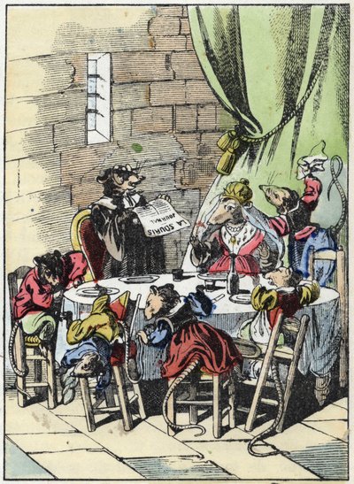Illustrazione della fiaba "Il terribile Raminagrobis e i topi". In "Fiabe della casa per i piccoli". Incisione anonima del XIX secolo da Unknown artist