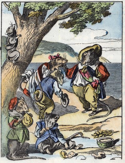 Illustrazione della fiaba "Il terribile Raminagrobis e i topi". In "Fiabe della casa per i piccoli". Incisione anonima del XIX secolo da Unknown artist