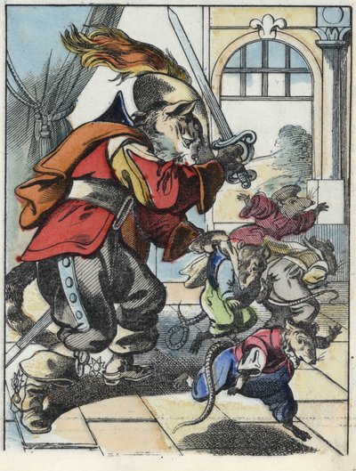 Illustrazione del racconto "Il terribile Raminagrobis e i topi" personaggio tratto dalle favole di Jean de la Fontaine. In "Tales from the home for the little ones". Incisione anonima del XIX secolo da Unknown artist