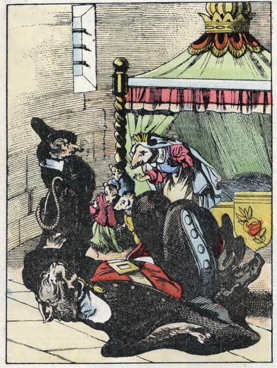Illustrazione del racconto "Il terribile Raminagrobis e i topi" personaggio tratto dalle favole di Jean de la Fontaine. In "Tales from the home for the little ones". Incisione anonima del XIX secolo da Unknown artist