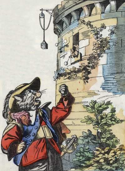Illustrazione del racconto "Il terribile Raminagrobis e i topi" personaggio tratto dalle favole di Jean de la Fontaine. In "Tales from the home for the little ones". Incisione anonima del XIX secolo da Unknown artist