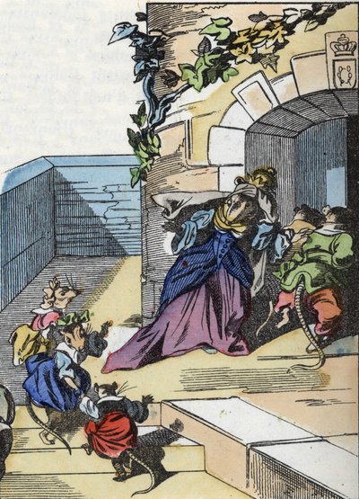 Illustrazione del racconto "Il terribile Raminagrobis e i topi" personaggio tratto dalle favole di Jean de la Fontaine. In "Tales from the home for the little ones". Incisione anonima del XIX secolo da Unknown artist