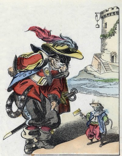 Illustrazione del racconto "Il terribile Raminagrobis e i topi" personaggio tratto dalle favole di Jean de la Fontaine. In "Tales from the home for the little ones". Incisione anonima del XIX secolo da Unknown artist