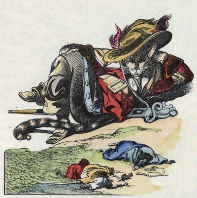 Illustrazione del racconto "Il terribile Raminagrobis e i topi". Personaggio tratto dalle favole di Jean de la Fontaine. In "Racconti dalla casa per i piccoli". Incisione anonima del XIX secolo da Unknown artist