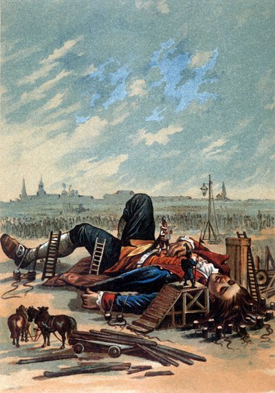 Illustrazione che mostra i Lillipuziani che attaccano Gulliver. Cromolitografia, fine XIX secolo da Unknown artist