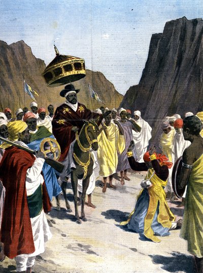 A Borumieda, il Ras Mangacha, governatore della provincia del Tigrai (Tigray) in Abissinia, fa un atto di sottomissione al Negus Menelik II (1844-1913) con la pietra al collo. 1899. Illustrazione di Silhouette per la stampa da Unknown artist