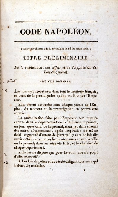 Incipit del Codice Napoleonico (Codice Civile) da Unknown artist