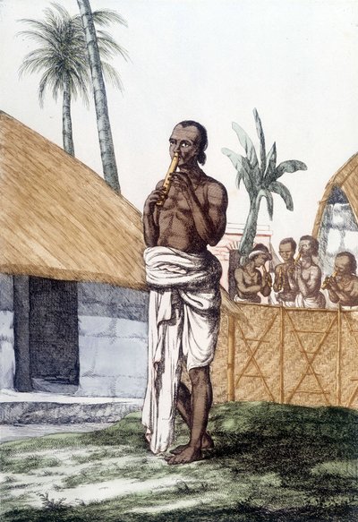 Cultura e civiltà indiana: musicista che suona il flauto bansuri, strumento musicale tradizionale, India. Incisione 1808. da Unknown artist
