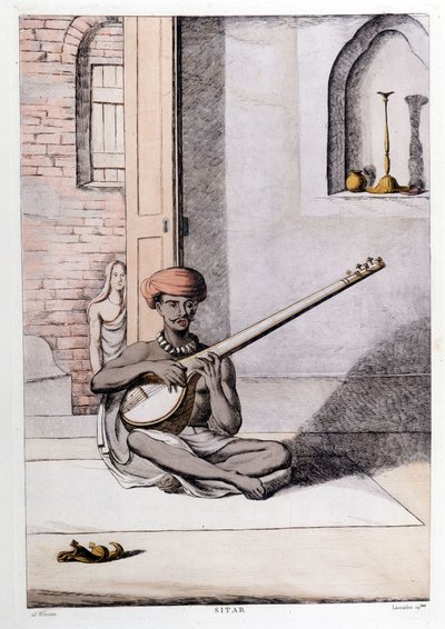 Musicista che suona il sitar, strumento musicale tradizionale, India. Incisione del 1808 da Unknown artist