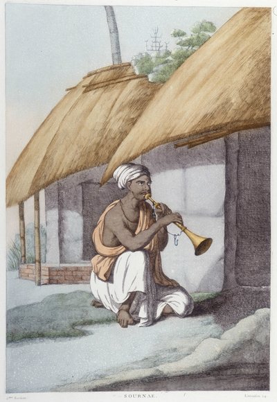 Cultura, civiltà e società indiana: musicista con flauto tradizionale indiano. Incisione del 1808. da Unknown artist