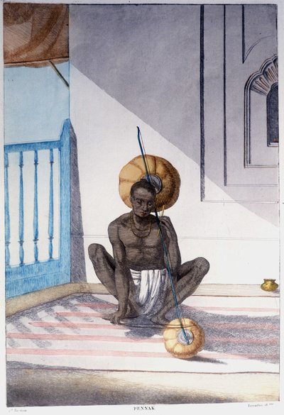 Cultura, civiltà e società indiana: musicista con strumento a corde tradizionale indiano. Incisione del 1808. da Unknown artist
