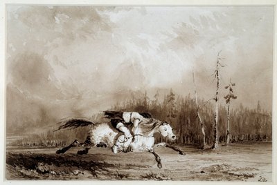 Un cavallo al galoppo che trasporta un uomo legato da Unknown artist
