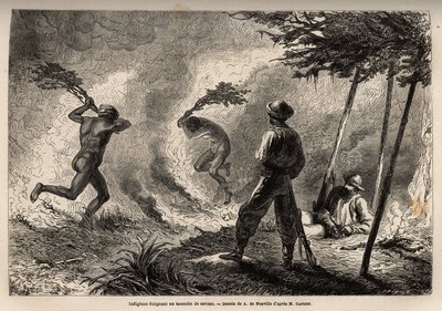 Indigeni kanak accendono un fuoco di savana, che essi stessi hanno acceso per cacciare le zanzare, sotto gli occhi del narratore e del suo compagno di viaggio. Incisione per illustrare il viaggio in Nuova Caledonia dal 1863 al 1866, di Jules Garnier, ingeg da Unknown artist