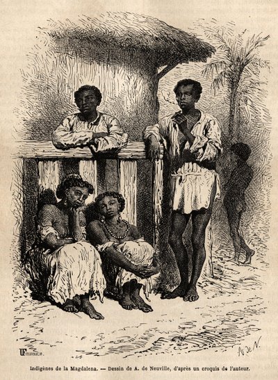Indigeni del Magdalena (fiumi), nelle strade della città di Mompox (Colombia). Incisione per illustrare il viaggio nella Nuova Granada, del Dr. Saffray, nel 1869, pubblicato in "Le tour du monde" 1872, a cura di Edouard Charton, edizione Hachette da Unknown artist