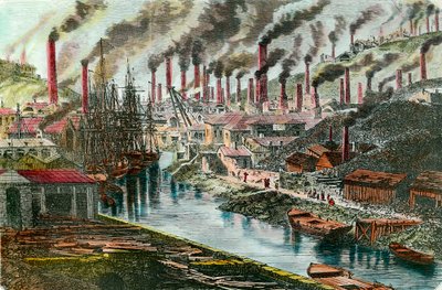 Rivoluzione industriale: panoramica della fabbrica di rame del signor Vivian a Swansea, Galles. Incisione del XIX secolo. Collezione privata. da Unknown artist