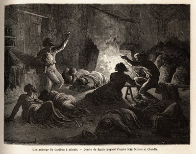 Dentro una locanda Caribou (Canada), a mezzanotte, trappolatori e minatori ubriachi cantano, poi cadono a terra o si addormentano in una coperta. Incisione per illustrare il viaggio dall