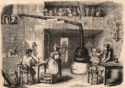 Interno del cabaret le Lapin Blanc, rue aux fèves a Parigi prima della sua demolizione. Una taverna risalente ai primi tempi della monarchia. Incisione in "Le Monde illustre" del 1862. Collezione privata da Unknown artist