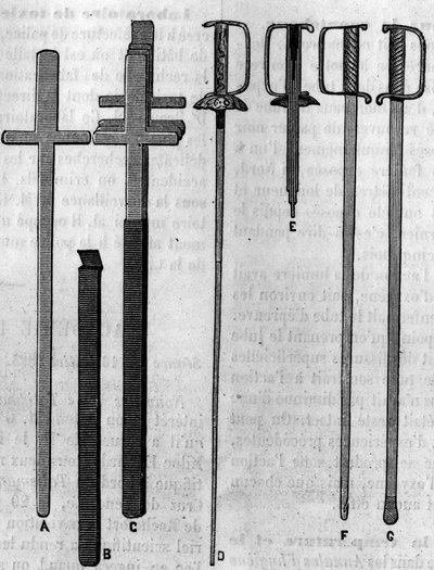 Strumenti usati da un inghiottitore di spade. Incisione in 