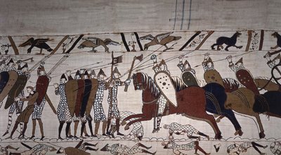 Intendente Wadard (a cavallo) e gli uomini della truppa di Guillaume - Arazzo di Bayeux, noto come Ricamo della Regina Matilde da Unknown artist