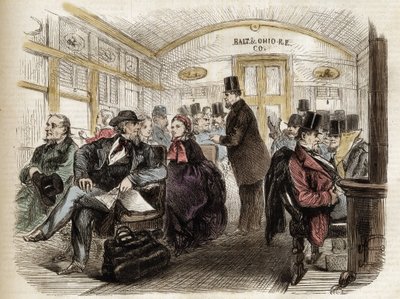 Interno di una carrozza sulla Baltimore & Ohio Railroad, USA - 1861 - interno di un vagone americano nel 1860 da Unknown artist