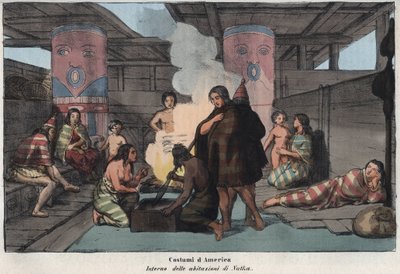 Interno di una grande casa comune a Nootka Sound, con abitanti che fumano e asciugano pesce, dormono e si prendono cura dei bambini - (Isola di Nootka) - "Interno di un