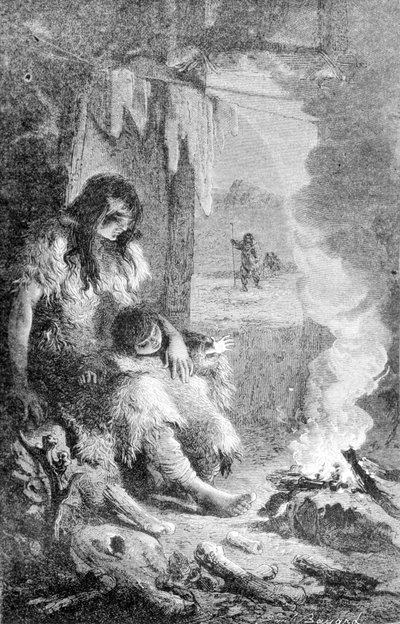 Interno di una capanna preistorica. Incisione del XIX secolo da Unknown artist