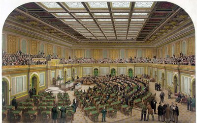 Veduta interna della Camera dei Rappresentanti del Campidoglio degli Stati Uniti che mostra il Congresso in sessione e gli spettatori nella galleria - Incisione 1866 da Unknown artist