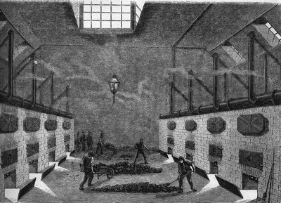 Vista interna di una fabbrica di gas. Incisione del 1860-1861 da Unknown artist