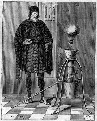 Invenzione: Macchina pneumatica di Otto de Guericke (1602-1686), inventore tedesco. Incisione in "La Nature" da Unknown artist