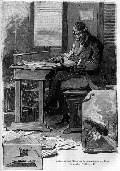 Invenzione del sistema Smith e Edison per la comunicazione dei treni in corsa - Incisione nel giornale 