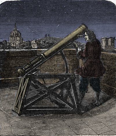 Isaac Newton (1642-1727) fisico inglese che usa il suo telescopio da Unknown artist