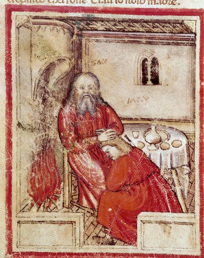 Isacco dopo aver mangiato il capretto portato dal figlio Giacobbe credendo che sia Esaù. Miniatura dal codice 212 (o codice padovano o Bibbia di Padova) 1390-1400 Rovigo, Accademia dei Concordi da Unknown artist