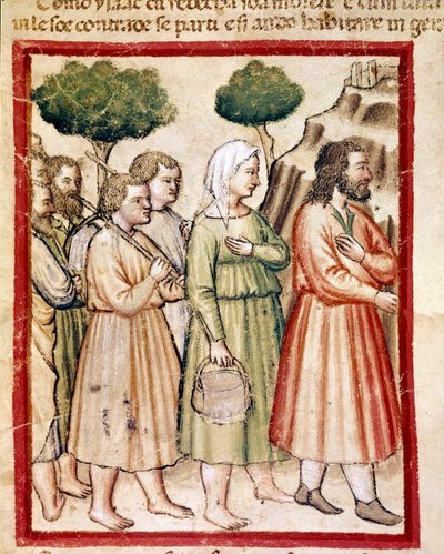 Isacco e la sua famiglia che soffrono per la carestia emigrano nelle terre del re Abimelech. Miniatura dal codice 212 (o codice padovano o Bibbia di Padova) 1390-1400 da Unknown artist