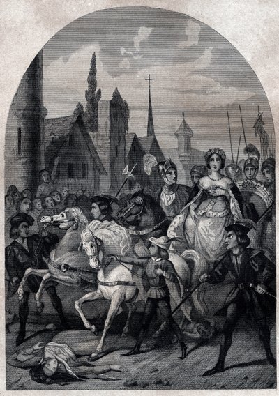 Isabella di Baviera (1371-1435) entra a Parigi nel 1389 - Entrata della Regina di Francia Isabeau (Isabelle, Elisabeth) di Baviera (1371-1435) a Parigi - Incisione del 1842 in "Histoire des popes: crimes, murders, poisonings, parricides, adulteres, incest. da Unknown artist
