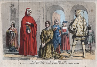 Moda italiana del XIII e XIV secolo - Cenni di Pepo, detto Cimabue (1240-1302) - Francesco Petrarca (Petrarca) (1304-1374) - Laura de Noves (1310-1348) - Nobili italiani - Donna italiana - Dama italiana - incisione da 