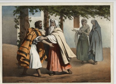 Giacobbe fuggendo dalla vendetta di Esaù suo fratello fu accolto da Labano. Incisione anonima del XIX secolo. da Unknown artist