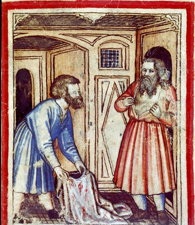 Giacobbe apprende della morte del figlio Giuseppe, venduto dai suoi fratelli agli Egiziani Miniatura dal codice 212 (o padovano o Bibbia di Padova) 1390-1400 Rovigo, Accademia dei Concordi da Unknown artist