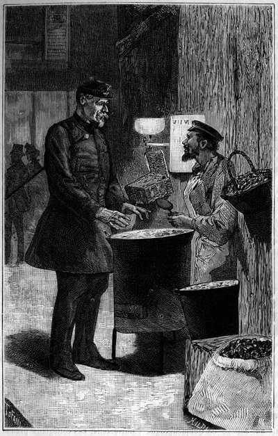 Jacques Gaudry da un venditore di castagne. Incisione in "Le journal de la jeunesse" da Unknown artist