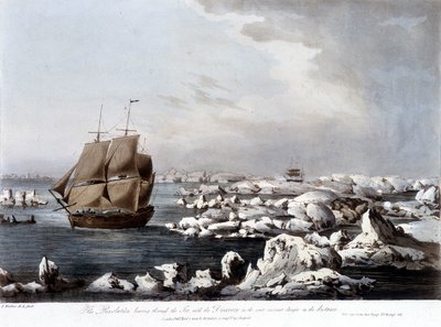 Viaggi di James Cook: la barca della Resolution in primo piano e la Discovery intrappolata nel ghiaccio sullo sfondo - in "Captain Cook last voyage", vol. III da Unknown artist