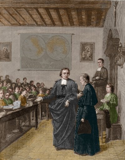 Jean Baptiste De La Salle (Jean-Baptiste) (1651-1719) religioso francese, fondatore della congregazione dei Fratelli delle Scuole Cristiane, mostra una delle sue scuole a M de La Chetardie. Incisione della fine del XIX secolo da Unknown artist
