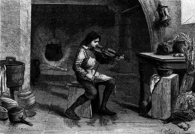 Jean Baptiste Lully (Giovanni Battista Lulli), bambino, che suona il violino nella cucina di Mademoiselle de Montpensier. Incisione da Unknown artist