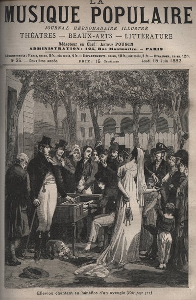 Jean Elleviou, cantante, comico e librettista francese (1769-1842) che canta a beneficio di un cieco nel 1801 agli Champs-Elysées - incisione in "La musica popolare" giornale settimanale illustrato - 1882 da Unknown artist
