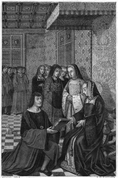 Jean Marot, poeta (1463-1526), offre un volume di poesie alla regina Anna di Francia. Incisione del XIX secolo. da Unknown artist