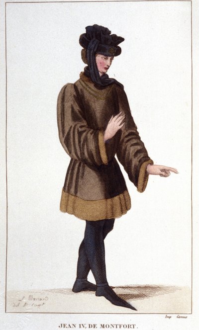Jean de Montfort. Rivendicando i suoi diritti, dichiarò la Guerra di Successione di Bretagna. Incisione del 1830 da Unknown artist