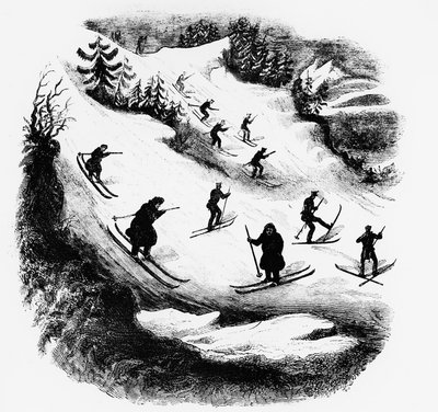 Giochi del Nord: sciatori che scendono una pista - incisione, fine XIX secolo da Unknown artist