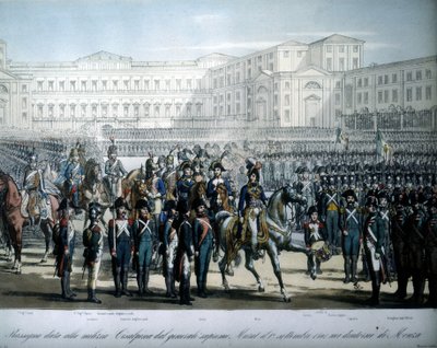 Joachim Murat (1767-1815), nominato Maresciallo di Francia e Re di Napoli da Napoleone, passa in rassegna le truppe della Repubblica Cisalpina da Unknown artist