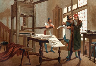 Johannes Gutenberg (1400-1468), tipografo tedesco, stampa il primo foglio della Bibbia. da 