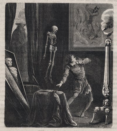 Jean Châtel (1575-1594) rinchiuso dai Gesuiti nella camera delle meditazioni - prima del suo tentativo di assassinio del re Enrico IV di Francia il 27 dicembre 1594. Incisione del 1879 in 